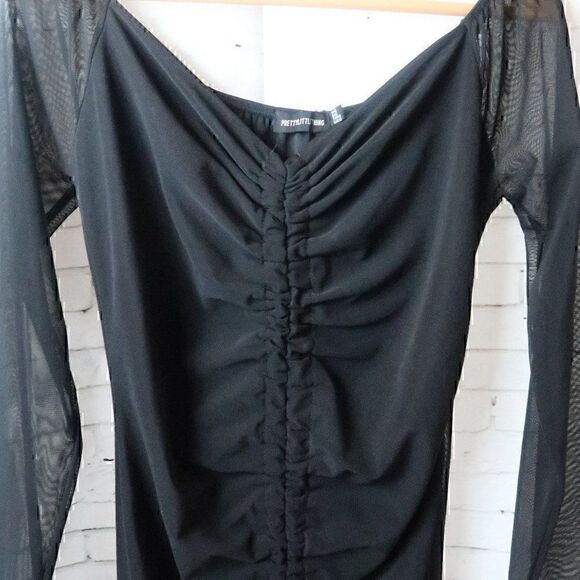 PRETTY LITTLE THING BLACK LONG SHEER SLEEVE DRESS ROUCHED DETAIL SIZE 12 NWT - Picture 5 of 10